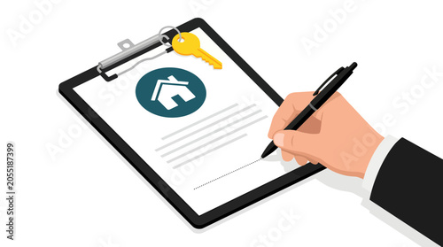 Close up of businessman hand signing real estate contract on clipboard with house icon and gold key, symbolizing mortgage approval and representing property ownership transfer