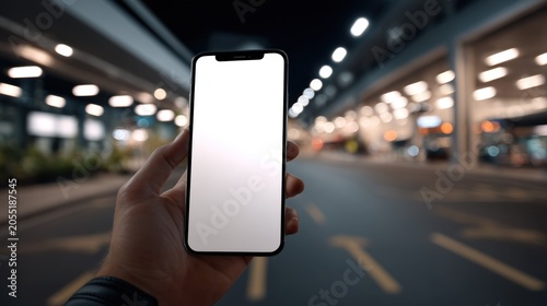 Person holds a contemporary communication device with a blank screen against a backdrop of a brightly lit urban passage at night
