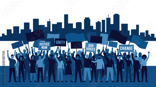 Silhouettes of a diverse crowd holding protest signs and flags against a city skyline backdrop in shades of blue, symbolizing human rights advocacy and Expressing social justice movements