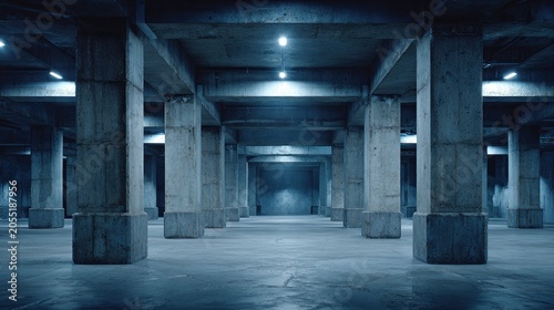 Empty industrial space features repeating rows of massive concrete support columns illuminated by overhead lights