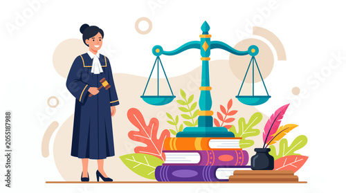 Female judge in legal robes holding gavel standing next to scales of justice on stack of law books with quill, representing legal system integrity, illustrating professional legal advice