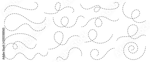 Set of  curved dotted line. Spiral dotted line. Path travel dotted line trip dashed trace destination track plan and travelling. Vector illustration