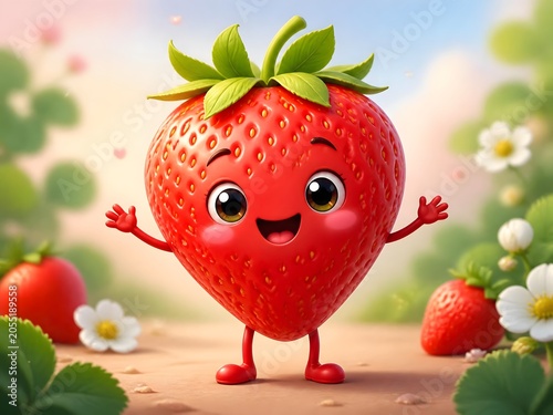 surreal fantasy cute Illustration of a strawberry character with a cute smile