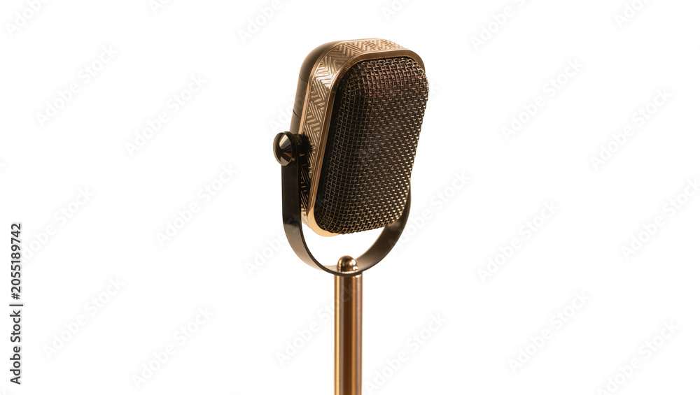 Fototapeta premium Isolated vintage microphone with gold details on a stand, retro audio recording equipment