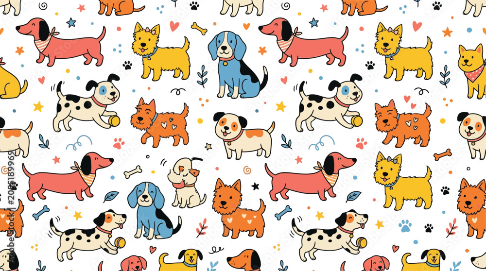 Fototapeta premium Cute Cartoon Dog Seamless Pattern with Playful Puppies Pet Characters and Colorful Doodle Background Design