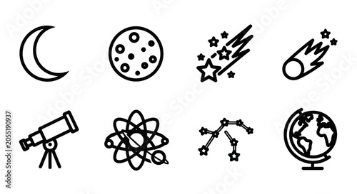 Fotografija Celestial bodies and astronomical tools icons set, space exploration and science