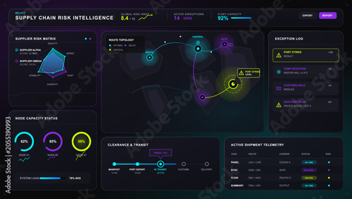 Quadro su tela Dark supply chain risk intelligence dashboard with supplier matrix, route topolo