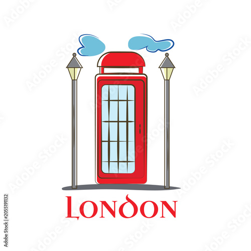 Red London Telephone Booth Vector Illustration with Street Lamps and Clouds