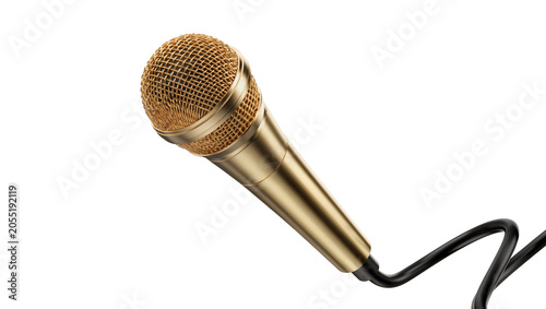Isolated modern gold condenser microphone with black cable, perfect for professional audio