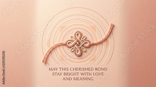 Pink rakhi greeting card with centered pink looped thread, pale mandala rings, warm peach background, minimalist sacred geometry, and cherished bond message for Raksha Bandhan design layout art card
