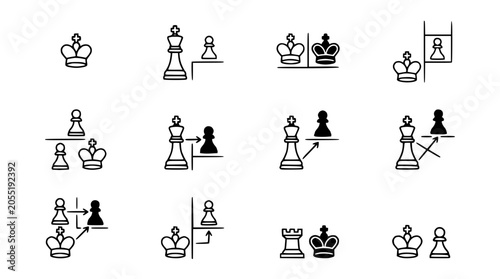 Schilderij op canvas Chess Strategy Icons: King, Pawn, Rook Movement & Tactics Illustrated