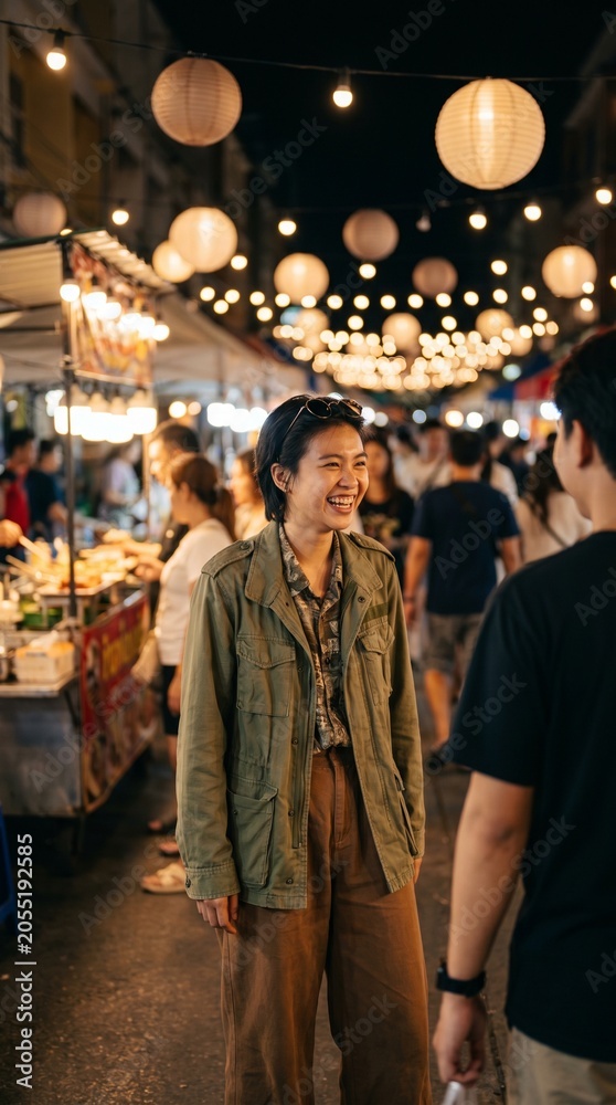 Fototapeta premium Happy Asian Woman Smiling and Talking to Friend at Vibrant Night Market with Hanging Lanterns