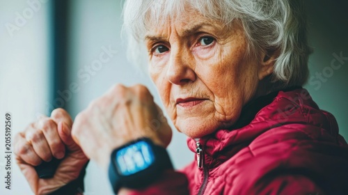Senior Woman Checks Health Data on Smartwatch