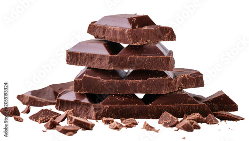 Fotografie Isolated rich dark chocolate bar segments stacked, gourmet sweet snack and bakin