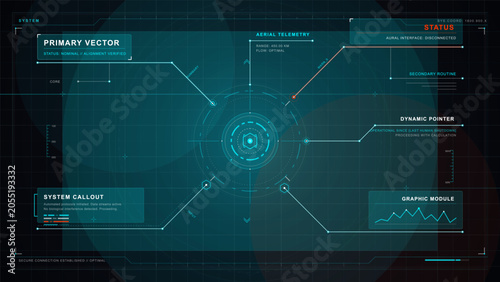 Bilde på lerret Futuristic HUD interface with central circular telemetry target, glowing cyan callout lines, status panels and dark grid system display