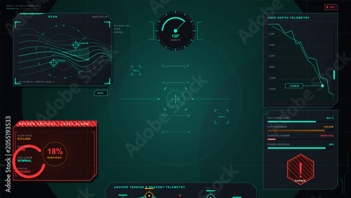Φωτογραφία Dark futuristic cave diving HUD interface with depth telemetry, oxygen alarm, sc