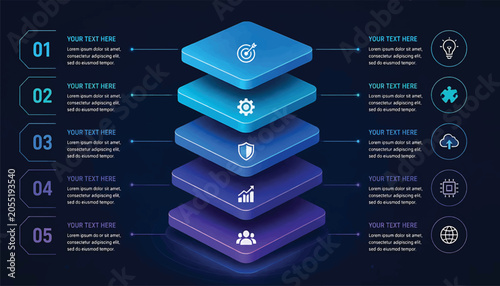 5 layer stack, level isometric data stack infographic for technology business growth