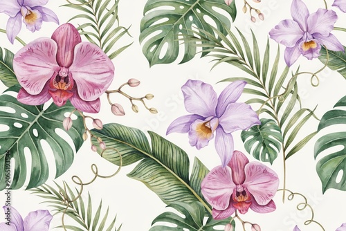 Tropical seamless pattern with watercolor purple orchids, green monstera leaves, and palm fronds on a light creamy background