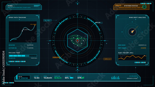 Foto Dark futuristic agricultural spraying HUD with central flight radar, spray path