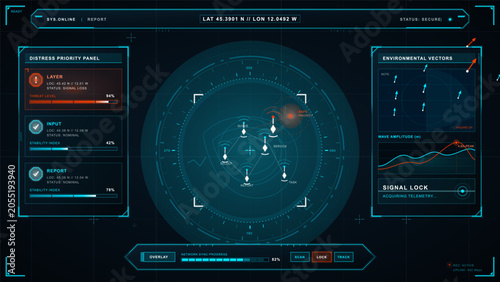 Cuadro en lienzo Dark futuristic maritime distress HUD with central radar map, priority alerts, e