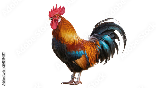 Obraz na płótnie Isolated magnificent rooster with vibrant colorful iridescent plumage standing p