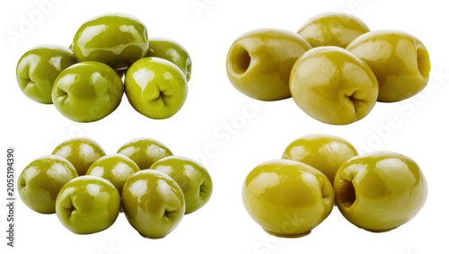 Fotografie Isolated group of fresh whole and pitted green olives, a healthy Mediterranean a