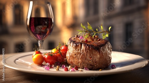 Plated grilled meat portion served alongside fresh tomatoes and a glass of red wine rests on a wooden surface.