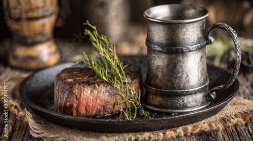 Grilled beef tenderloin rests beside an antique metal tankard on a rustic surface.
