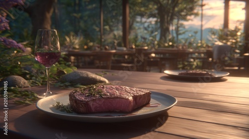 Cooked beef steak and red wine served on a wooden table in an upscale outdoor dining setting