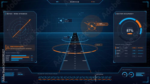 Billede på lærred Futuristic service HUD display with runway guidance, wind shear alert, sector oc