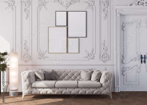 3D render of elegant classical wall with decorative mock frames.