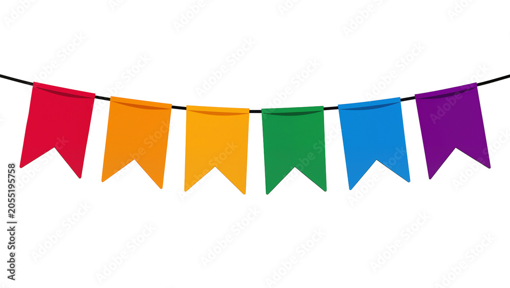 Obraz premium Isolated vibrant colorful rainbow party flags hanging on a string, festive celebration decoration.