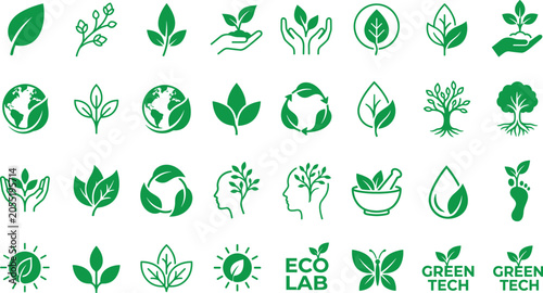 Konstfotografi Modern Green Nature and Ecology Icon Set Featuring Leaves Trees Recycling and Su