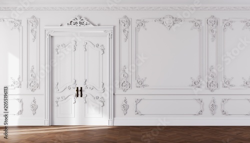 3D render of elegant classical wall with ornate moldings.