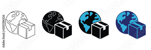 Set of global shipping icons with a cardboard box and a globe representing international delivery