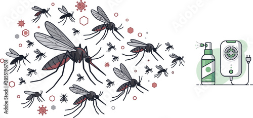 Fotografía Mosquito control and insect repellent flat vector illustration set featuring swa