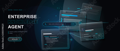 Fotografía Dark enterprise knowledge agent interface with glowing search bar, floating docu