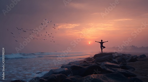 A silhouetted figure performing yoga near the ocean at sunrise, expressing inner harmony, personal growth, mindful living, and a deep meditative connection with the natural world.
