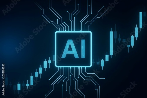A futuristic AI technology interface displays rising stock market charts and circuit board patterns.