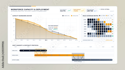 фотографія Clean workforce capacity and deployment analytics dashboard with burndown chart,