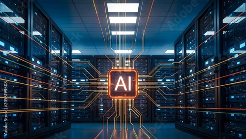 Large AI server room with rows of computer equipment and technology