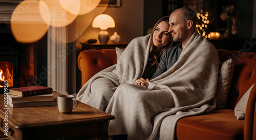 middle aged couple cuddling under cozy blanket by warm fireplace  