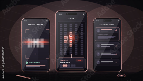 Vászonkép Futuristic inventory management mobile app interface with three smartphone scree