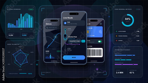 Obraz na plátně Futuristic transit mobile app dashboard with live route screen, fare card, crowd