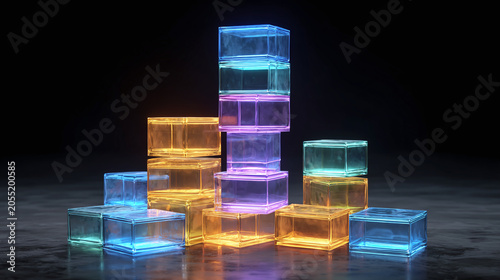Abstract display of colorful glowing transparent blocks on dark background