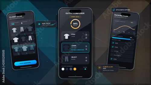Obraz na plátně Dark vector concept showing smart wardrobe app screens for closet scanning, outf
