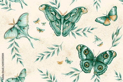 Seamless pattern with green moths and butterflies surrounded by delicate leafy branches on a light textured cream colored background