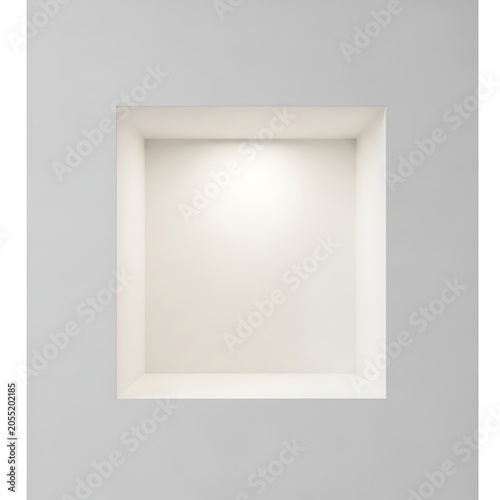 Clean White Recessed Square Niche Shelf Illuminated by Soft Light on a Plain Gray Wall Background