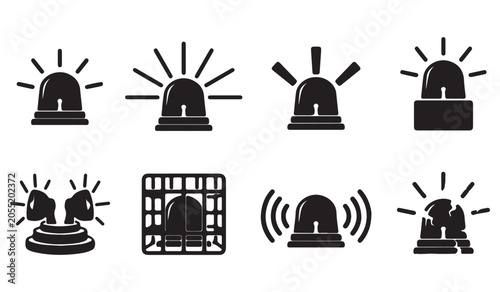 Foto Emergency siren icon set with 8 black vector elements, police flasher and ambula