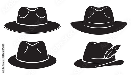 Fotografie Vintage fedora hat silhouette collection, set of 4 classic felt hats for men, re